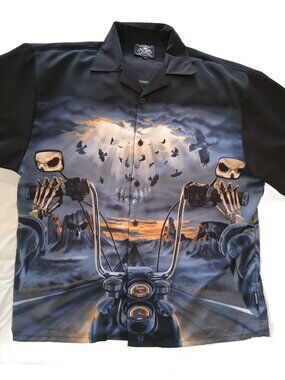 Rockhouse Roadhouse Skeleton Biker Print Short-Sleeve Skull Shirt XXL